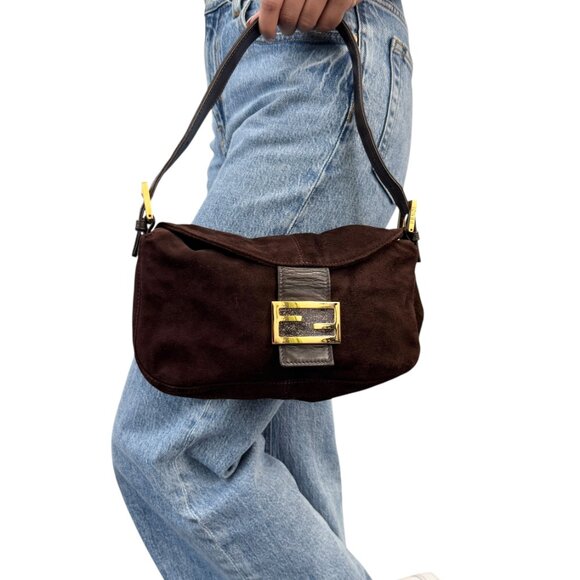 FENDI Vintage FF Logo Shoulder Bag Crossbody Brown Gold Suede Leather [106214] - Picture 3 of 14